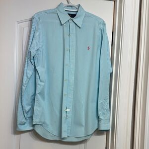 Ralph Lauren Light Blue Striped Shirt with Pink Logo